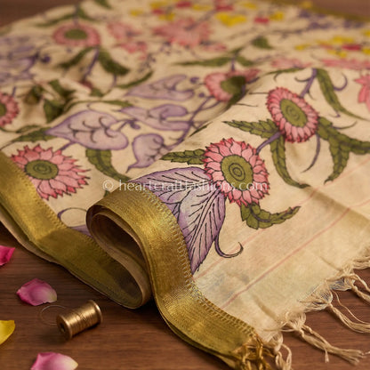 Beige Kalamkari Hand Painted Bangalore Silk Floral Garden Dupatta