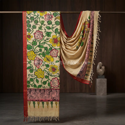 Beige Kalamkari Hand Painted Bangalore Silk Peacock Vine Dupatta