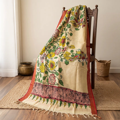 Beige Kalamkari Hand Painted Bangalore Silk Peacock Vine Dupatta