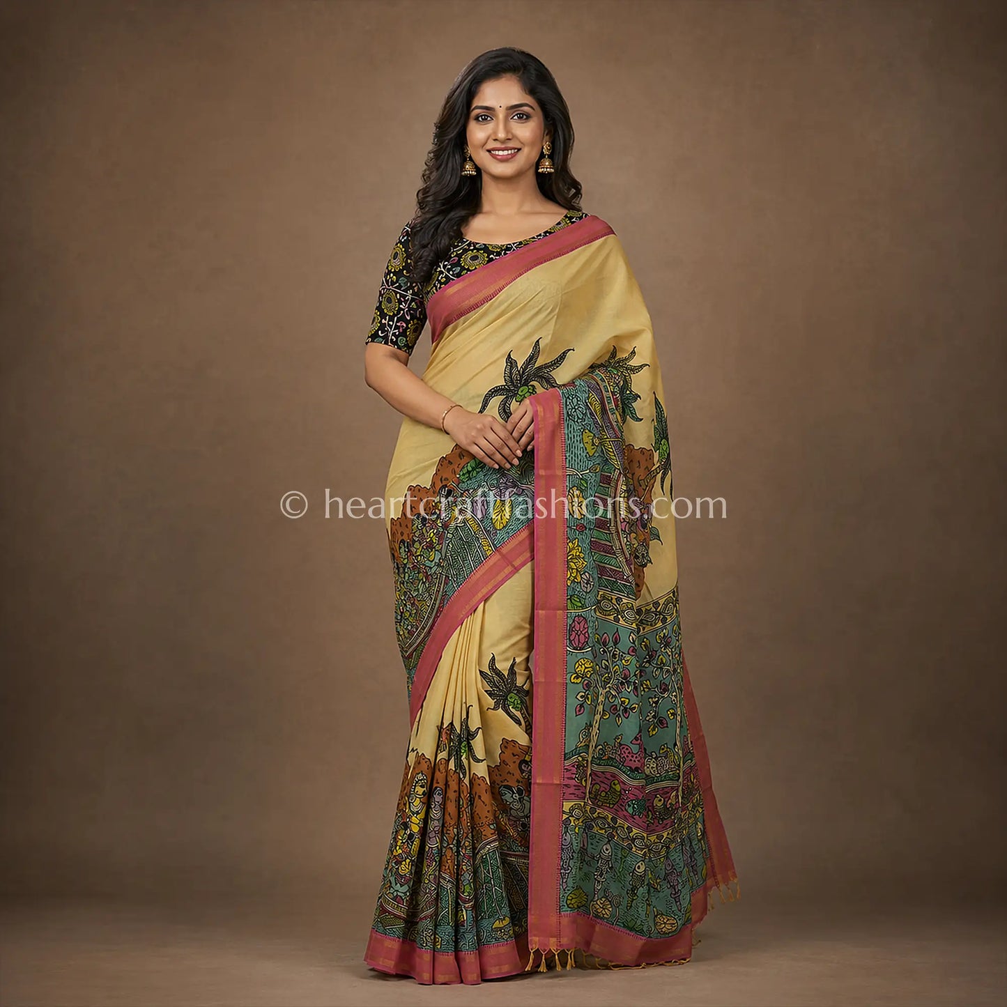 Beige Multicolor Kalamkari Bangalore Silk Saree