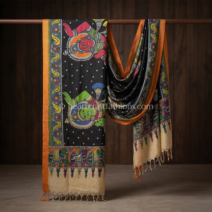 Black Kalamkari Hand Painted Bangalore Silk Traditional Theme Dupatta