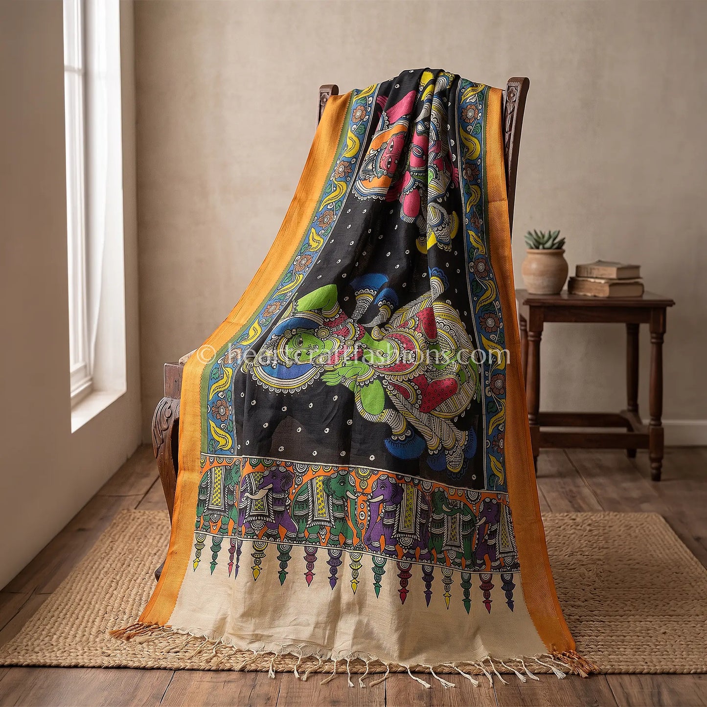 Black Kalamkari Hand Painted Bangalore Silk Traditional Theme Dupatta