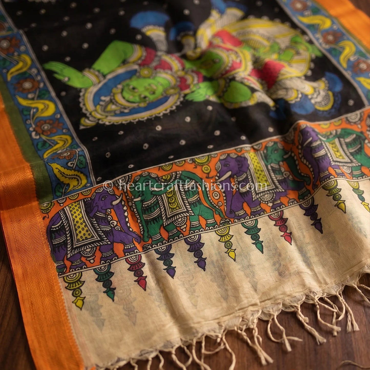 Black Kalamkari Hand Painted Bangalore Silk Traditional Theme Dupatta