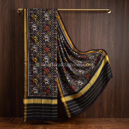 Black Rajkot Patola Silk Tribal Motif Dupatta