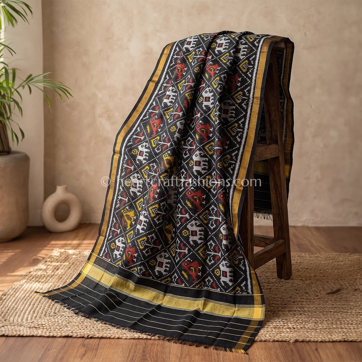 Black Rajkot Patola Silk Tribal Motif Dupatta