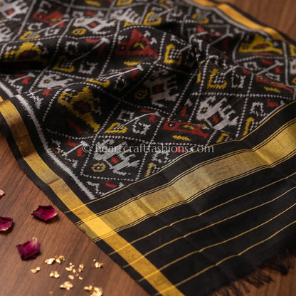 Black Rajkot Patola Silk Tribal Motif Dupatta