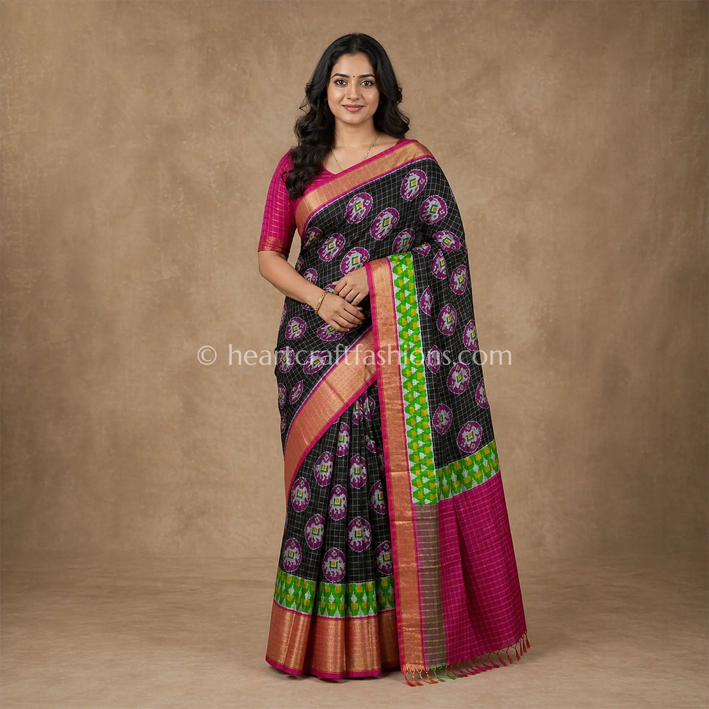 Black & Rani Pink Pochampally Patola Silk Saree
