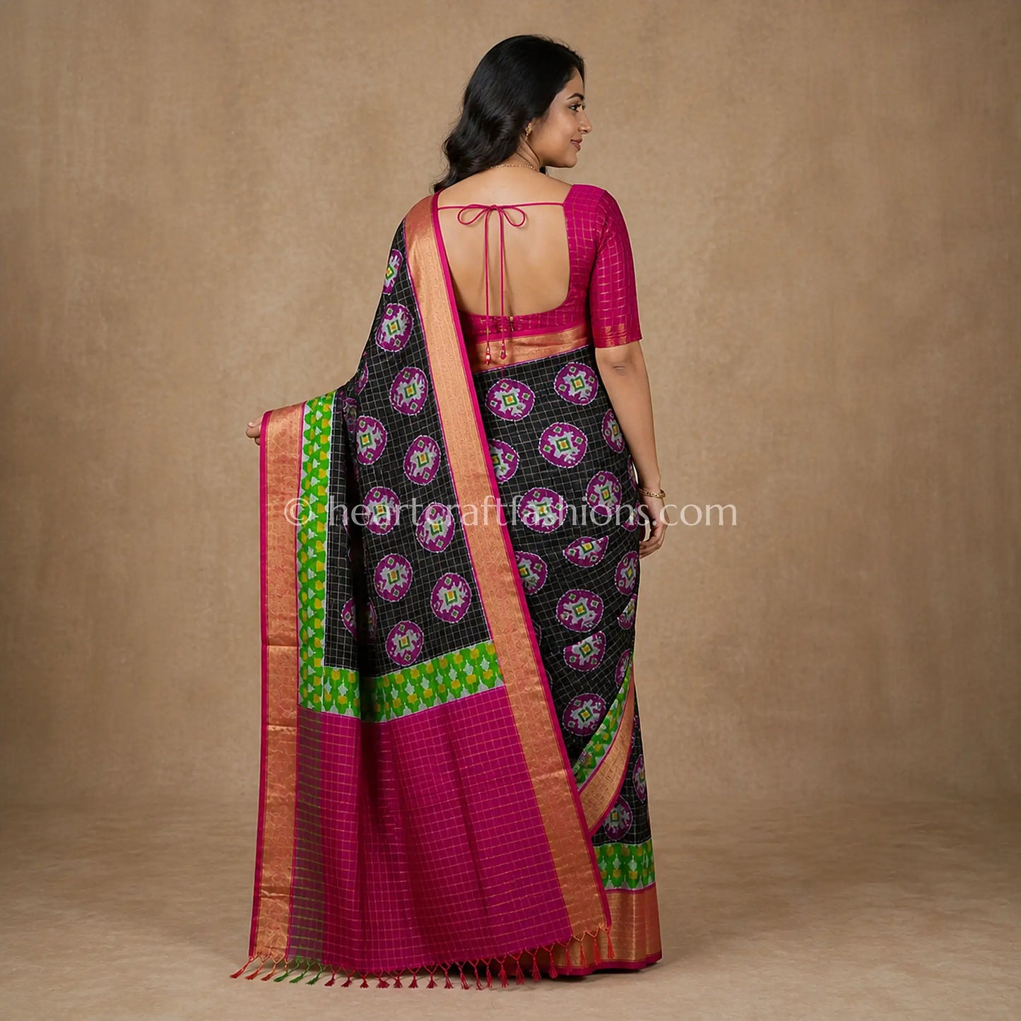 Black & Rani Pink Pochampally Patola Silk Saree