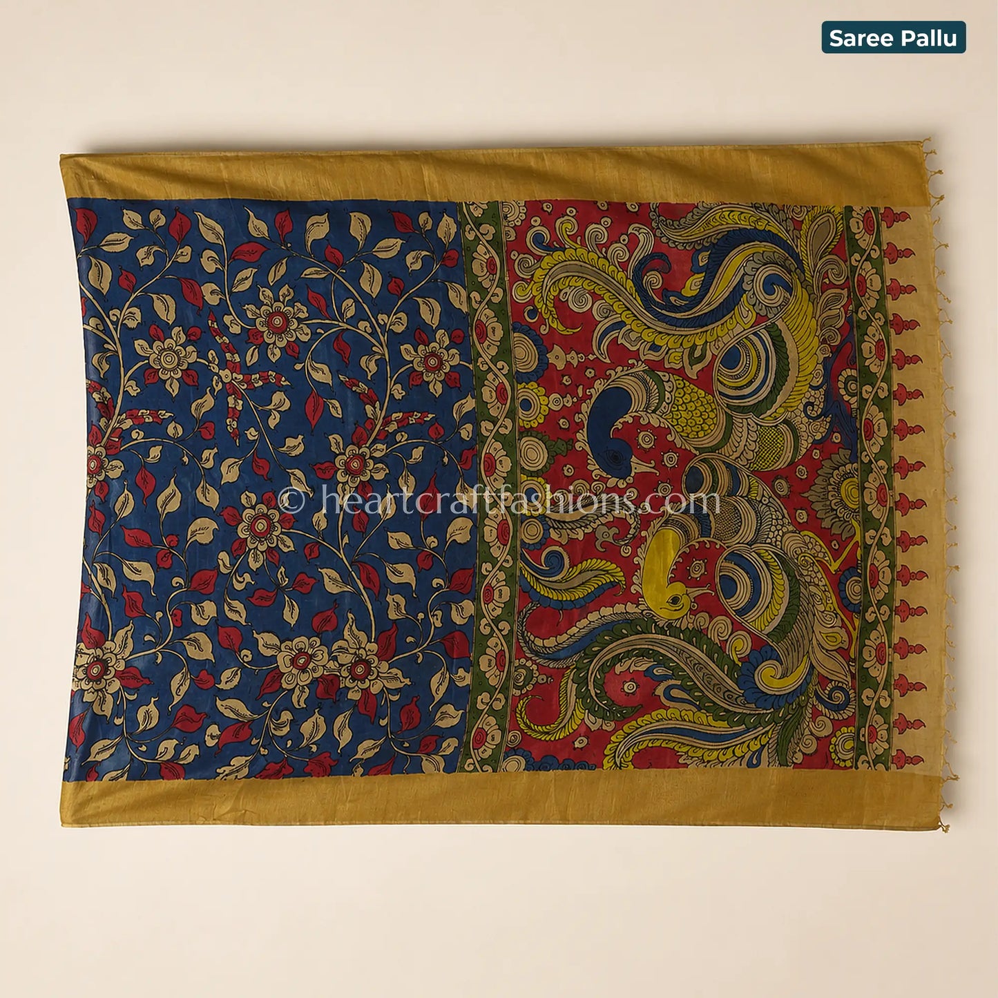 Blue & Red Multicolor Peacock Floral Kalamkari Bangalore Silk Saree