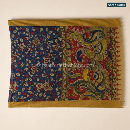 Blue & Red Multicolor Peacock Floral Kalamkari Bangalore Silk Saree