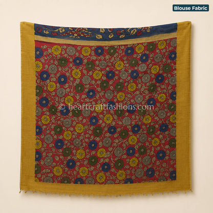 Blue & Red Multicolor Peacock Floral Kalamkari Bangalore Silk Saree