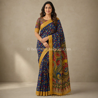 Blue & Red Multicolor Peacock Floral Kalamkari Bangalore Silk Saree