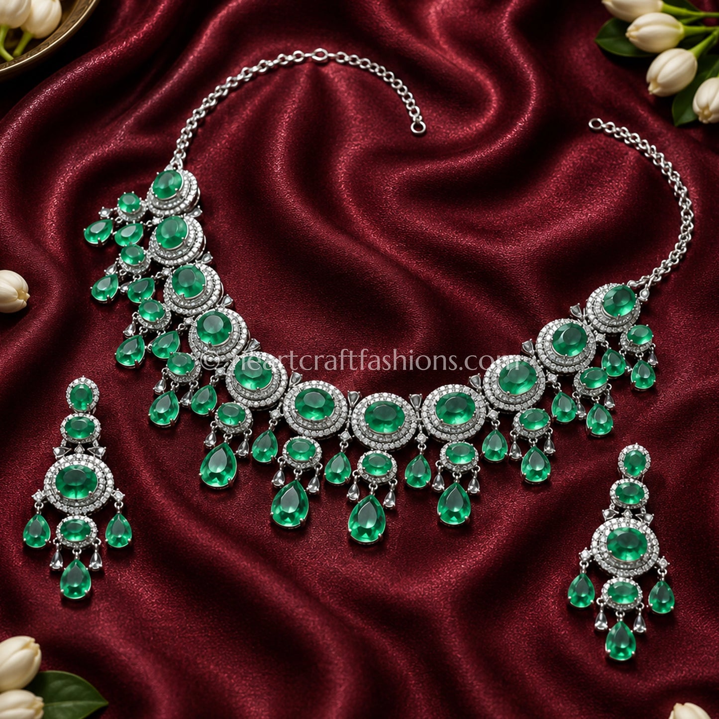 Cascading Oval Emerald Halo Statement Collar Set