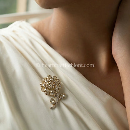 Champagne Gold Floral Kundan Designer Brooch