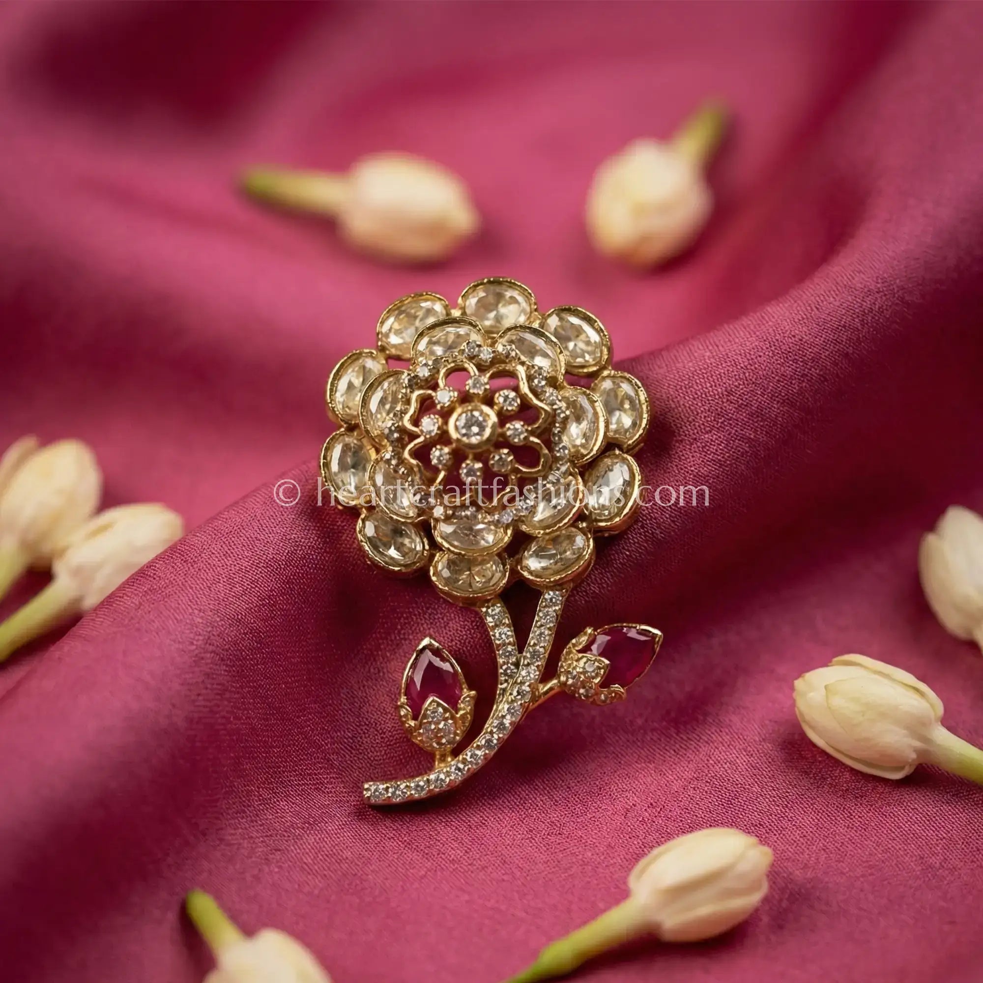 Champagne Kundan Floral Brooch with Ruby Leaf Accents