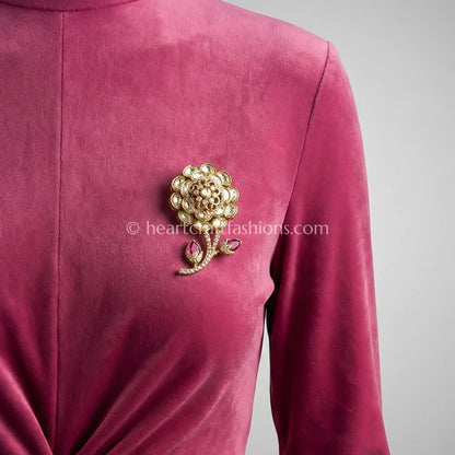 Champagne Kundan Floral Brooch with Ruby Leaf Accents