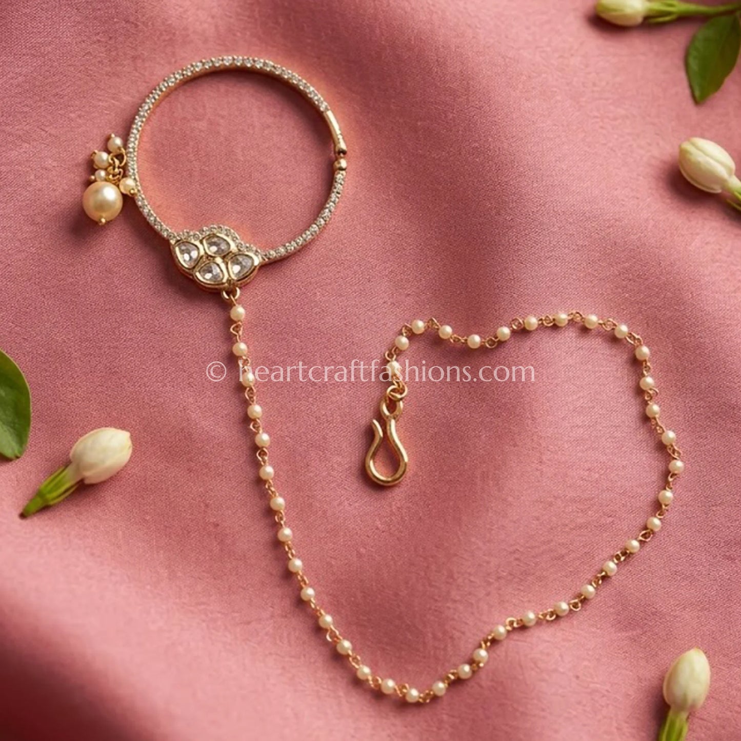 Classic Pearl Sunehri Kundan Ring Nath with Pearl Chain