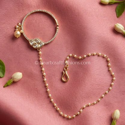 Classic Pearl Sunehri Kundan Ring Nath with Pearl Chain