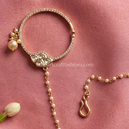 Classic Pearl Sunehri Kundan Ring Nath with Pearl Chain