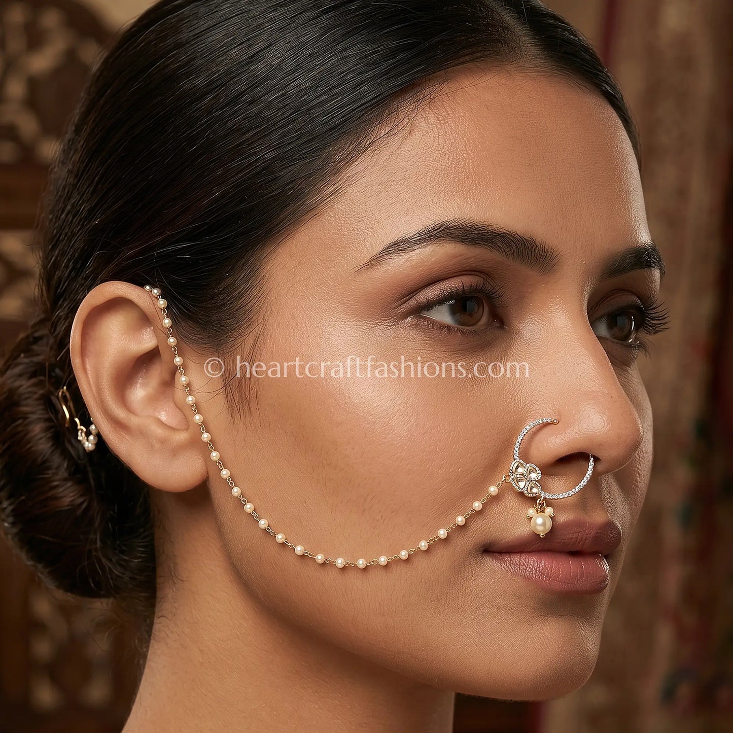 Classic Pearl Sunehri Kundan Ring Nath with Pearl Chain