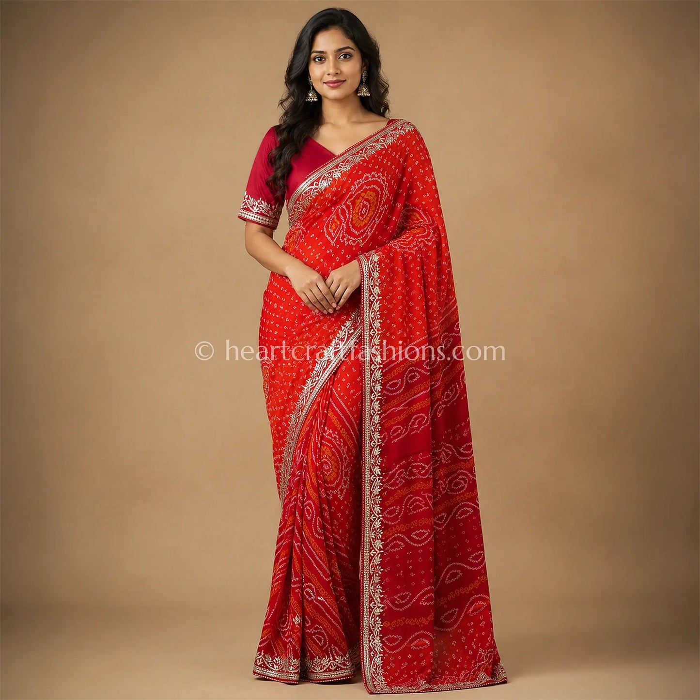Classic Red Bandhani Chiffon Gota Patti Saree