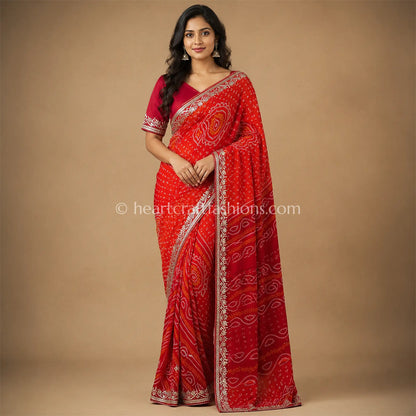 Classic Red Bandhani Chiffon Gota Patti Saree