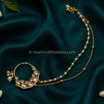 Crescent Arc Sunehri Kundan Ring Nath with Layered Chain