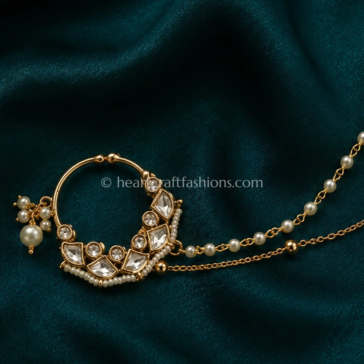 Crescent Arc Sunehri Kundan Ring Nath with Layered Chain