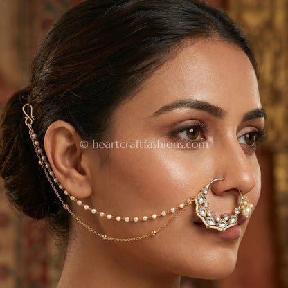 Crescent Arc Sunehri Kundan Ring Nath with Layered Chain
