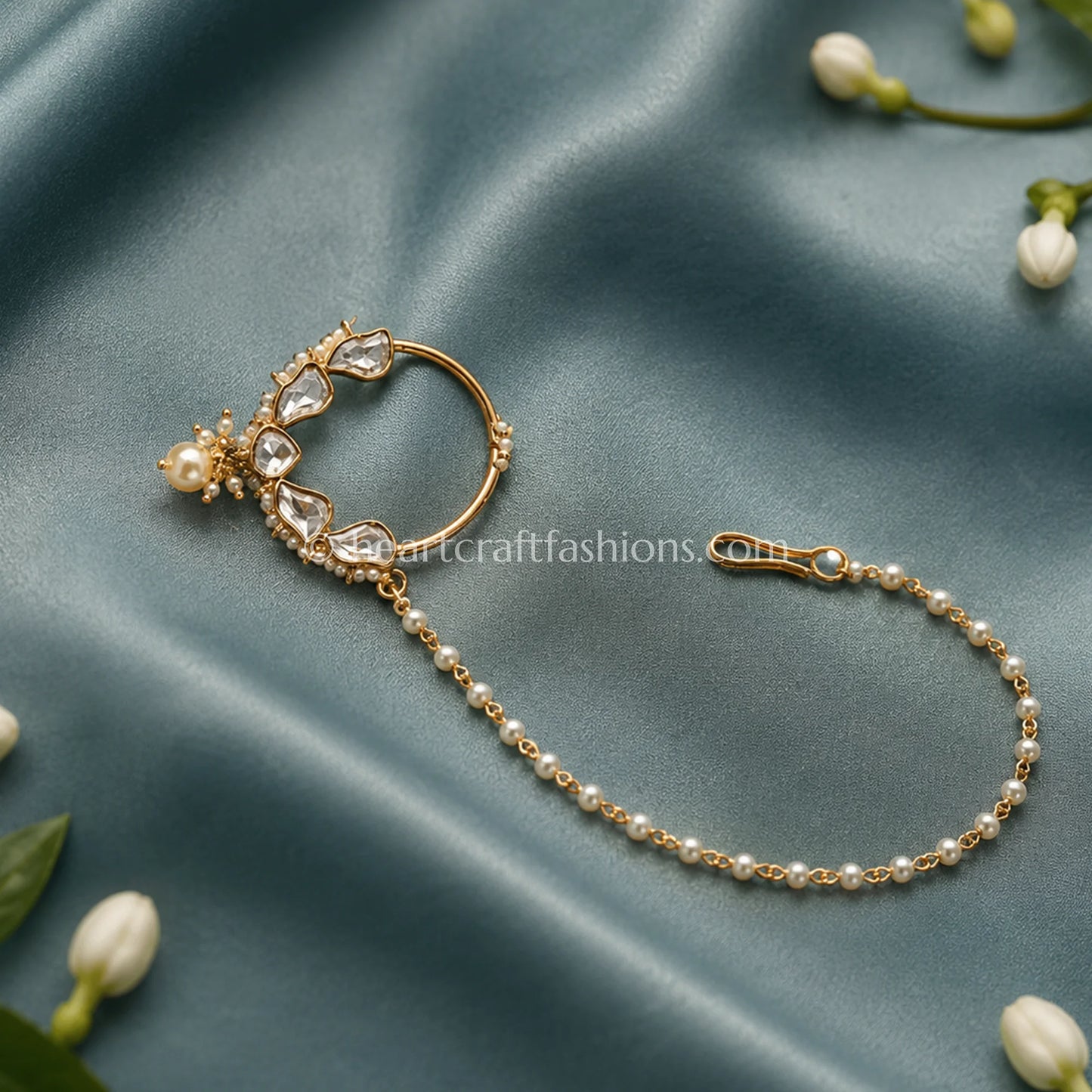 Crescent Teardrop Sunehri Kundan Ring Nath