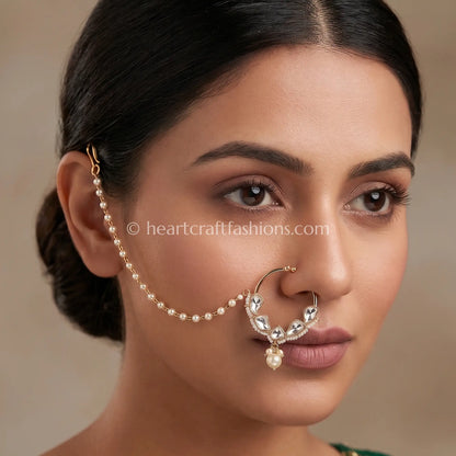 Crescent Teardrop Sunehri Kundan Ring Nath