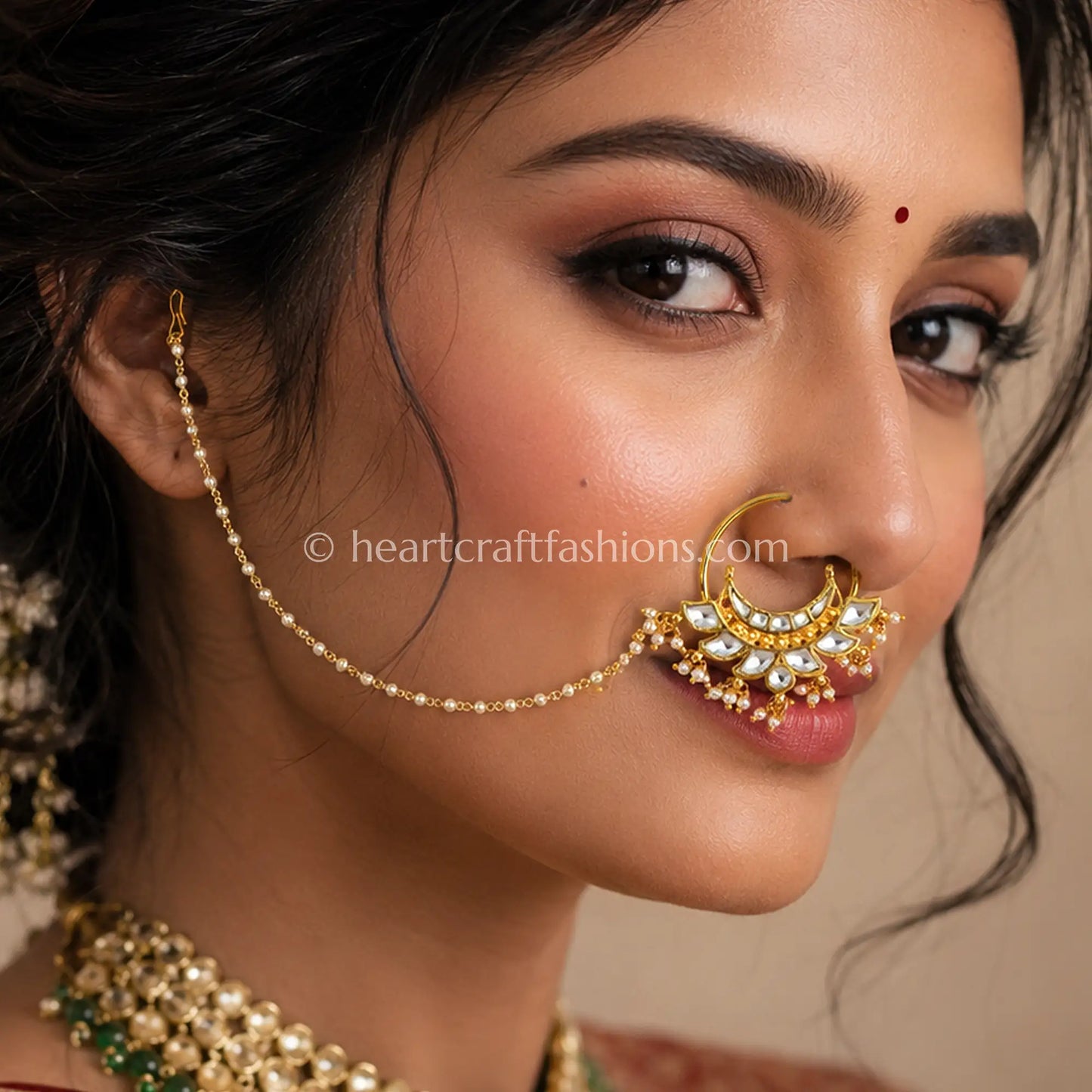Crescent Polki Pearl Bridal Nath