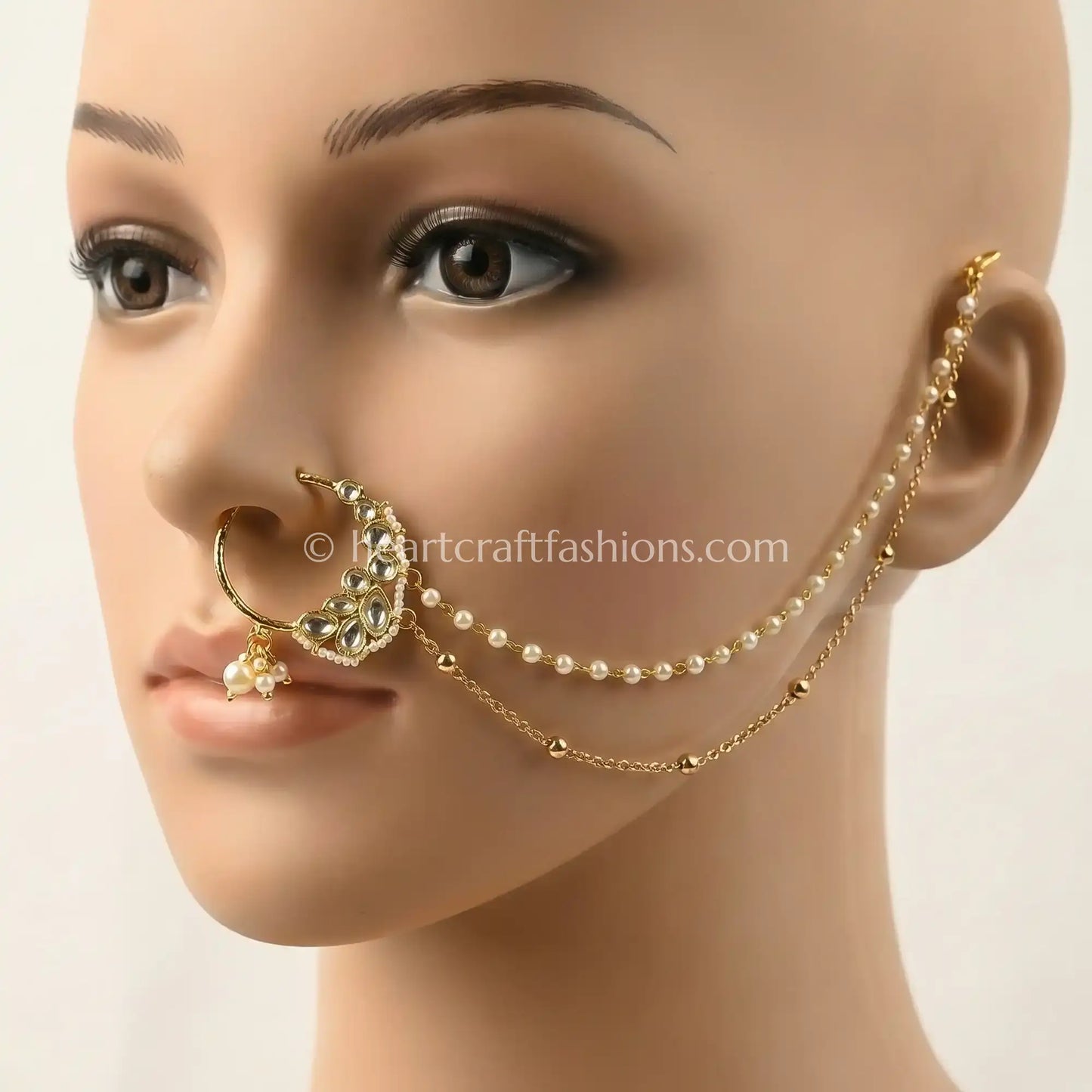 Delicate Polki Pearl Double Chain Nath