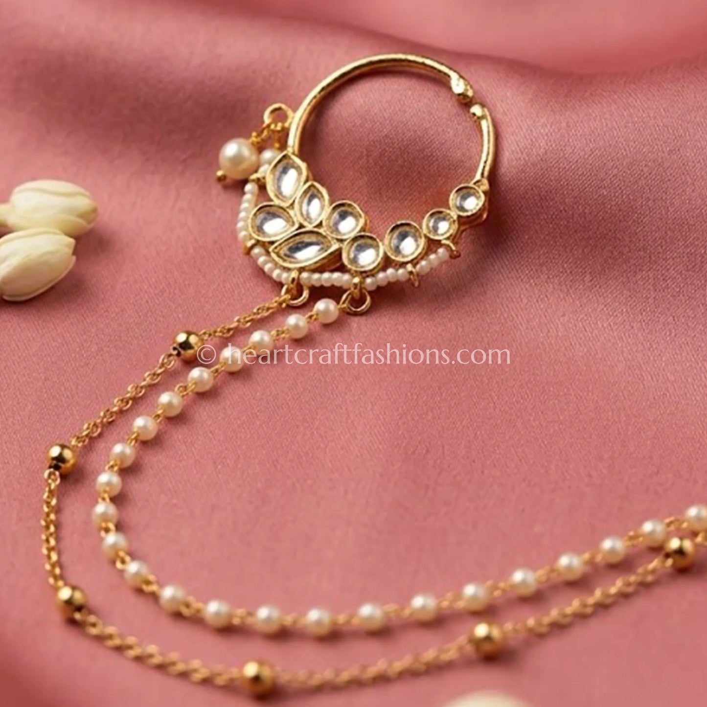 Delicate Polki Pearl Double Chain Nath