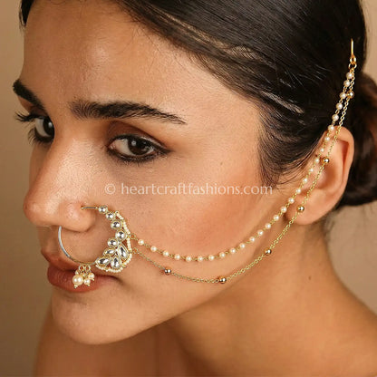Delicate Polki Pearl Double Chain Nath
