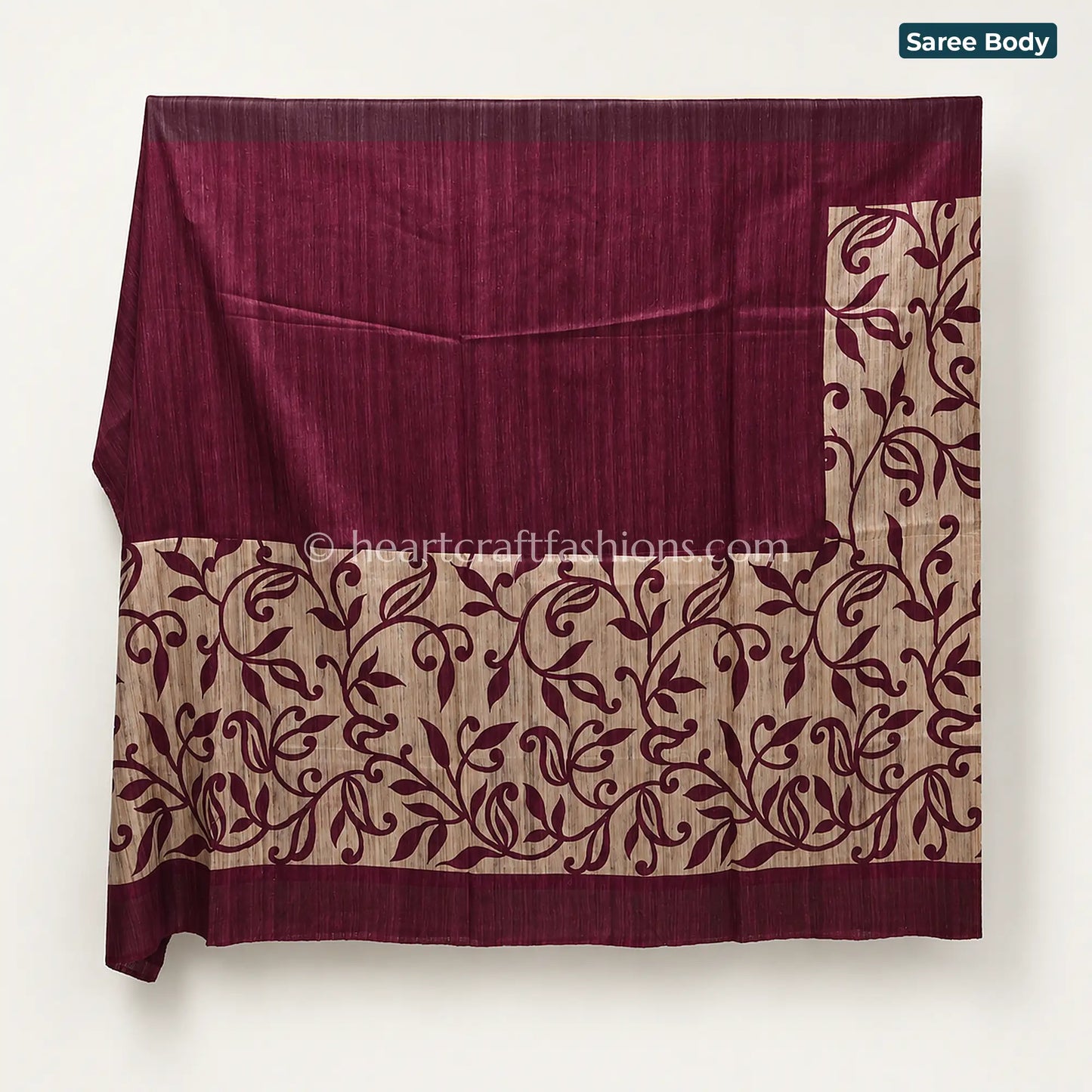 Desi Tusser Beige Wine Floral Vine Saree