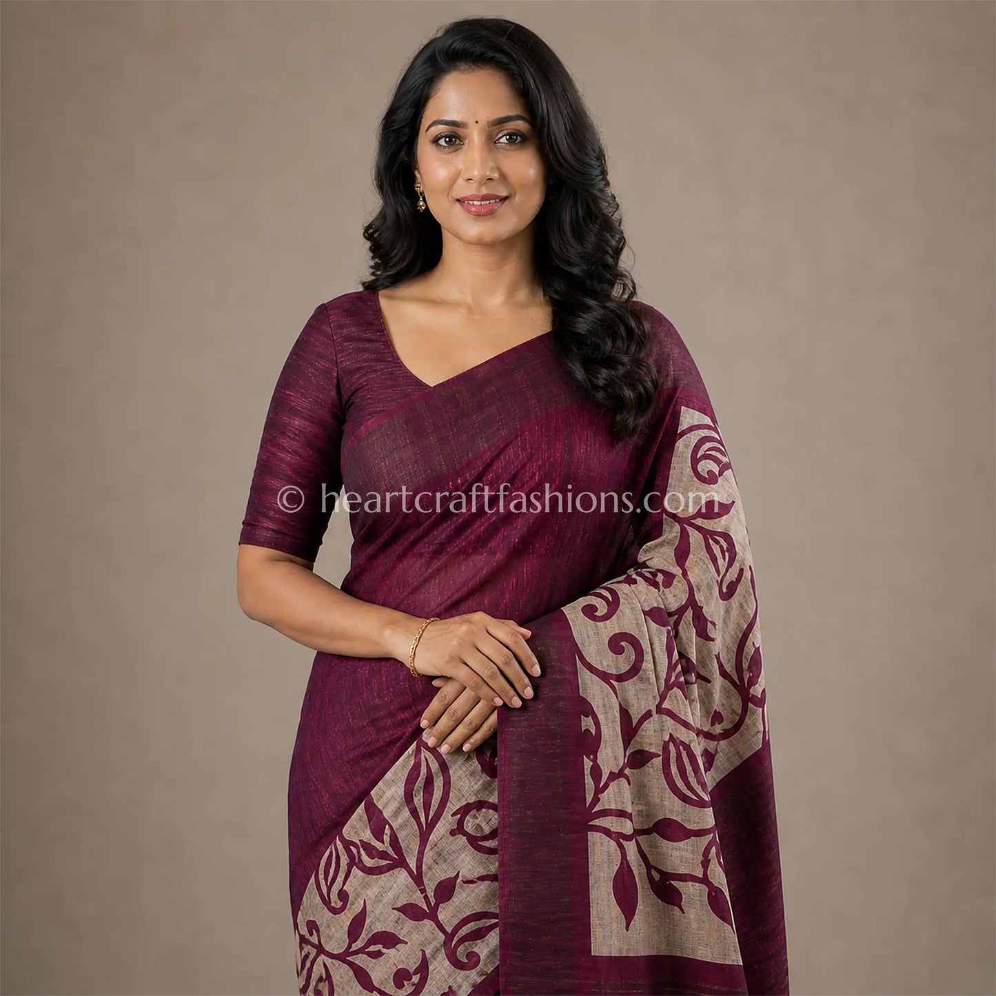 Desi Tusser Beige Wine Floral Vine Saree