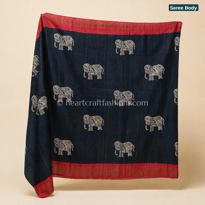 Desi Tusser Black Red Elephant Motif Saree