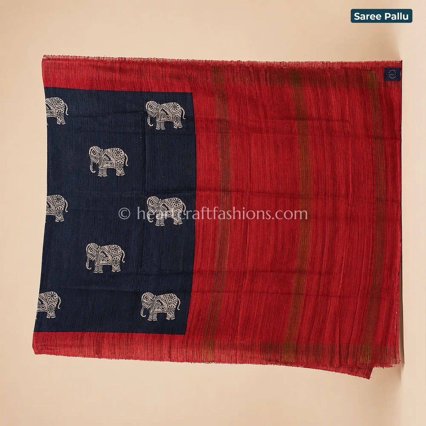 Desi Tusser Black Red Elephant Motif Saree