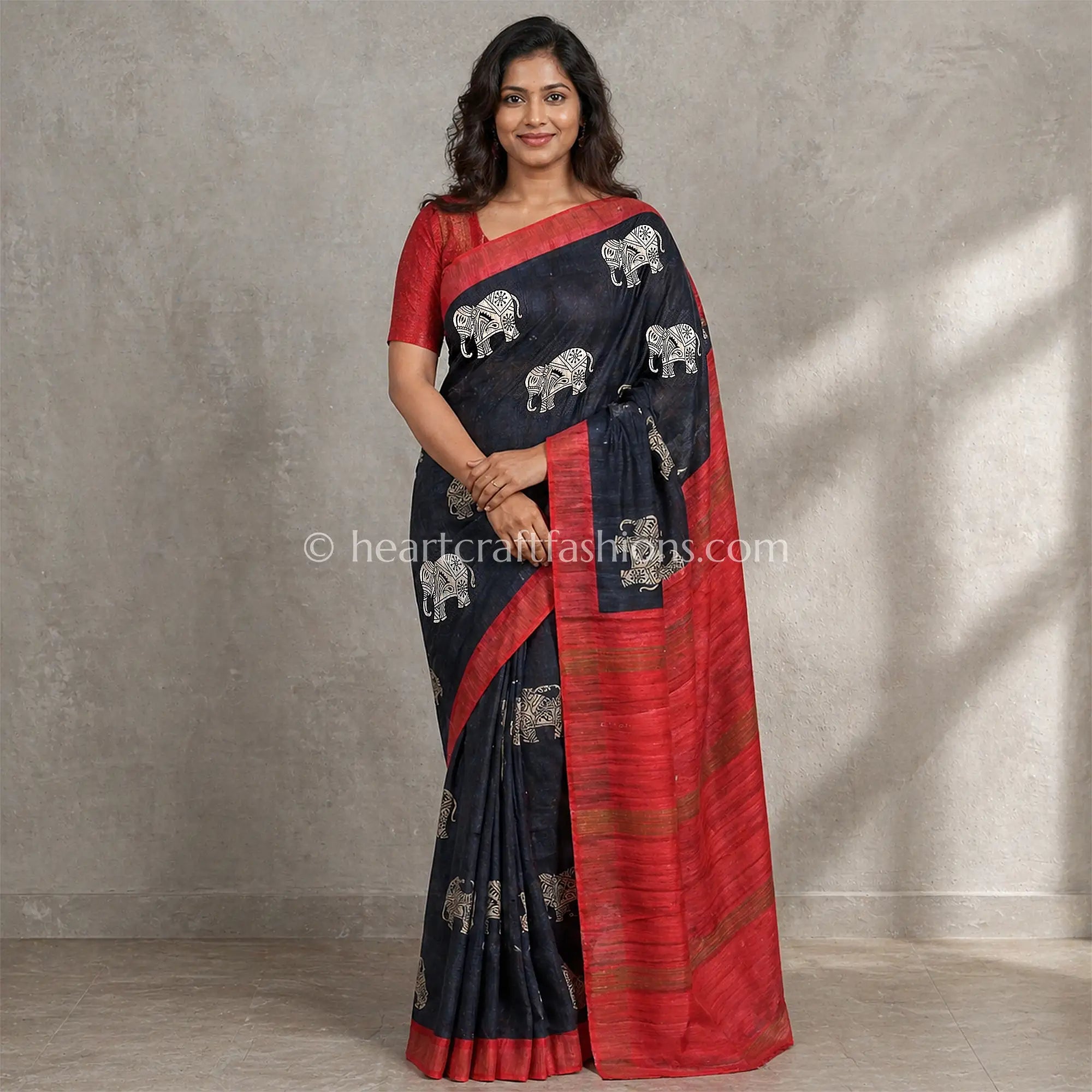 Desi Tusser Black Red Elephant Motif Saree