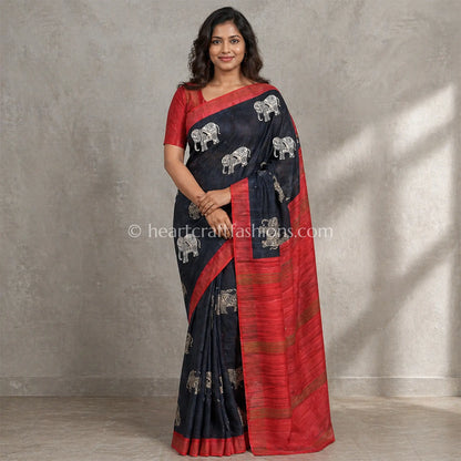 Desi Tusser Black Red Elephant Motif Saree