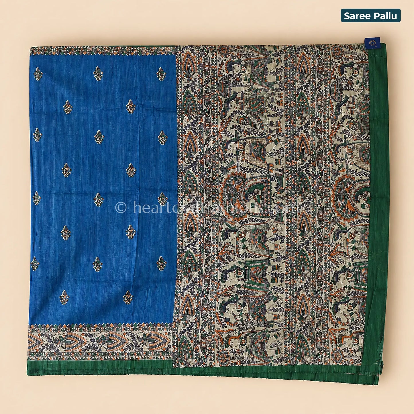 Desi Tusser Blue & Green Madhubani Handpainted Saree