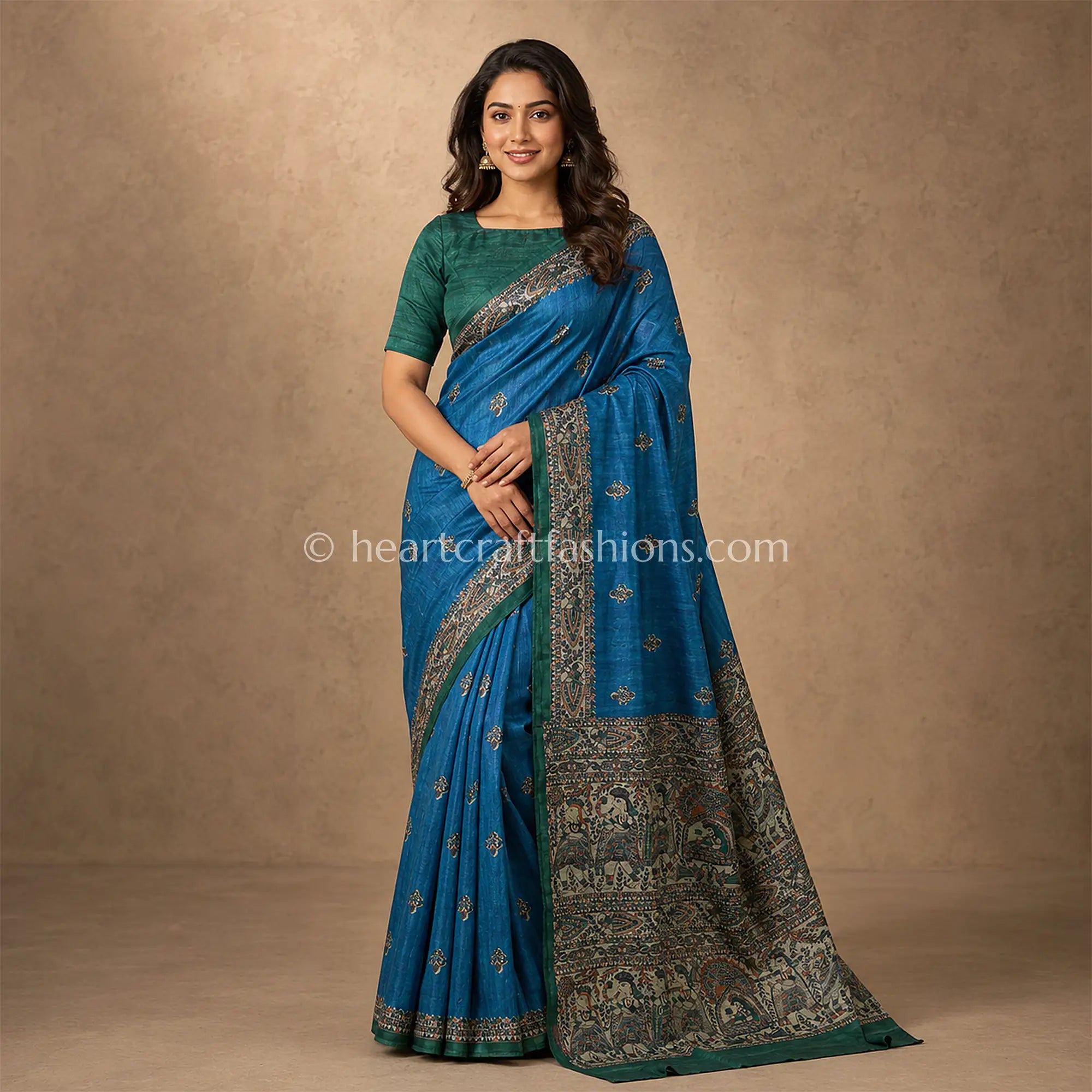 Desi Tusser Blue & Green Madhubani Handpainted Saree