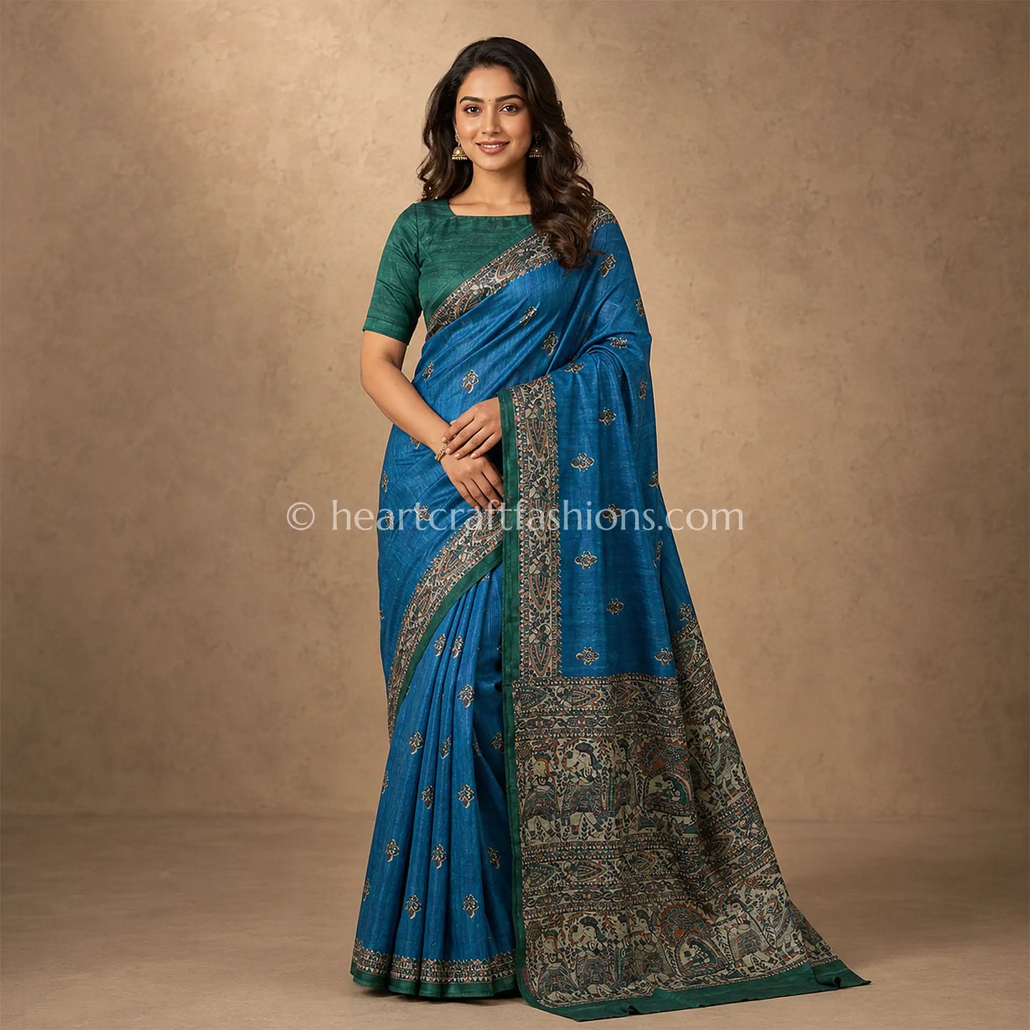Desi Tusser Blue & Green Madhubani Handpainted Saree