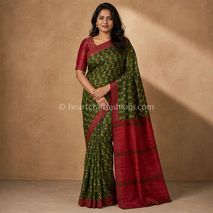Desi Tusser Green Floral Border Saree