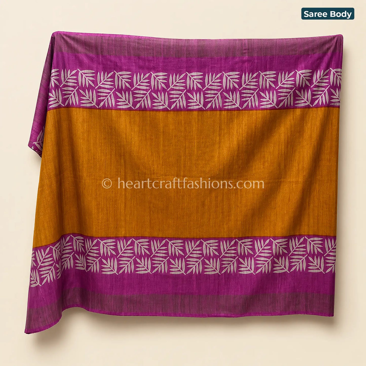 Desi Tusser Magenta & Mustard Madhubani Leaf Motif Saree