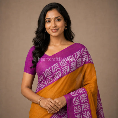 Desi Tusser Magenta & Mustard Madhubani Leaf Motif Saree