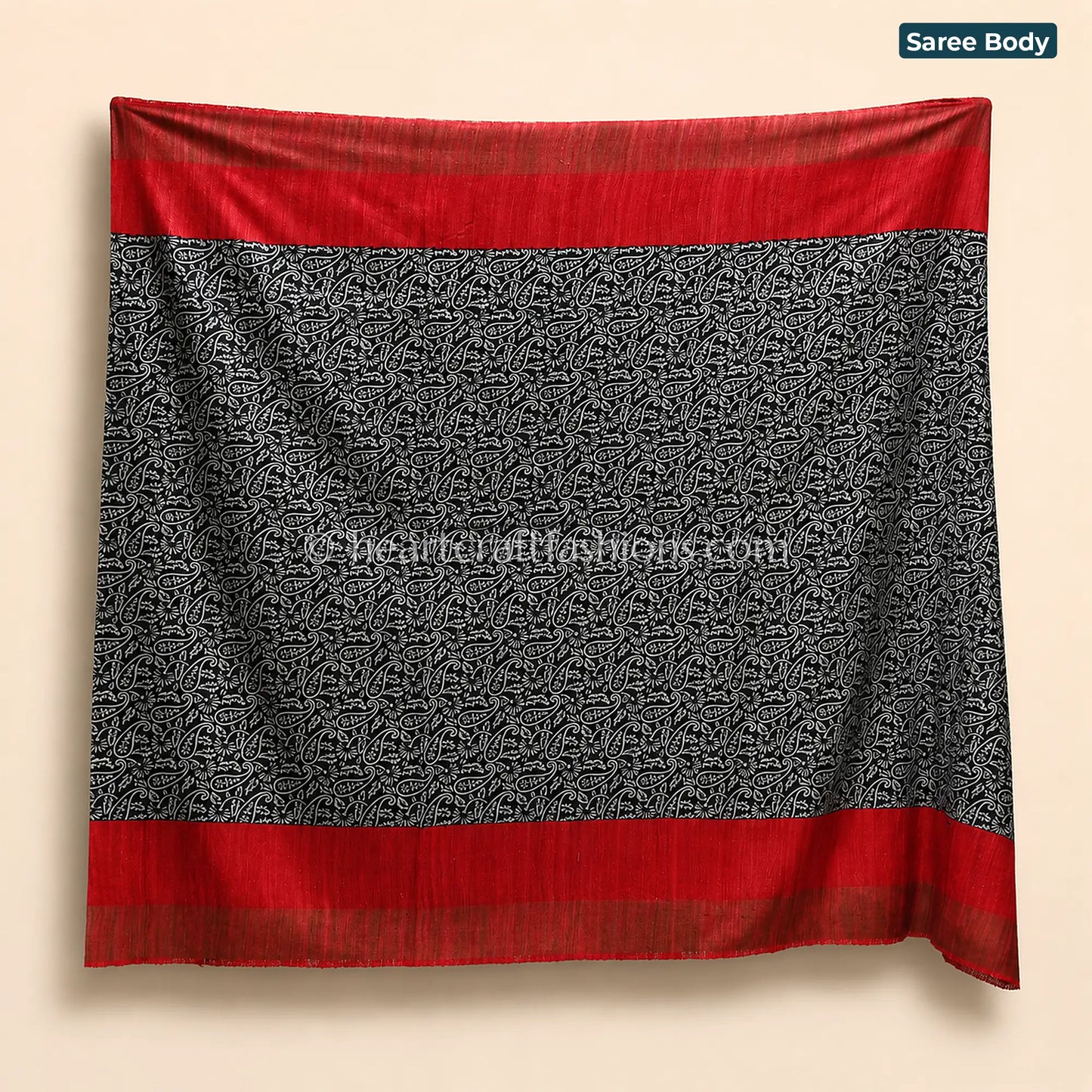 Desi Tusser Red Black Paisley Art Saree