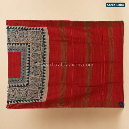 Desi Tusser Red Madhubani Art Saree
