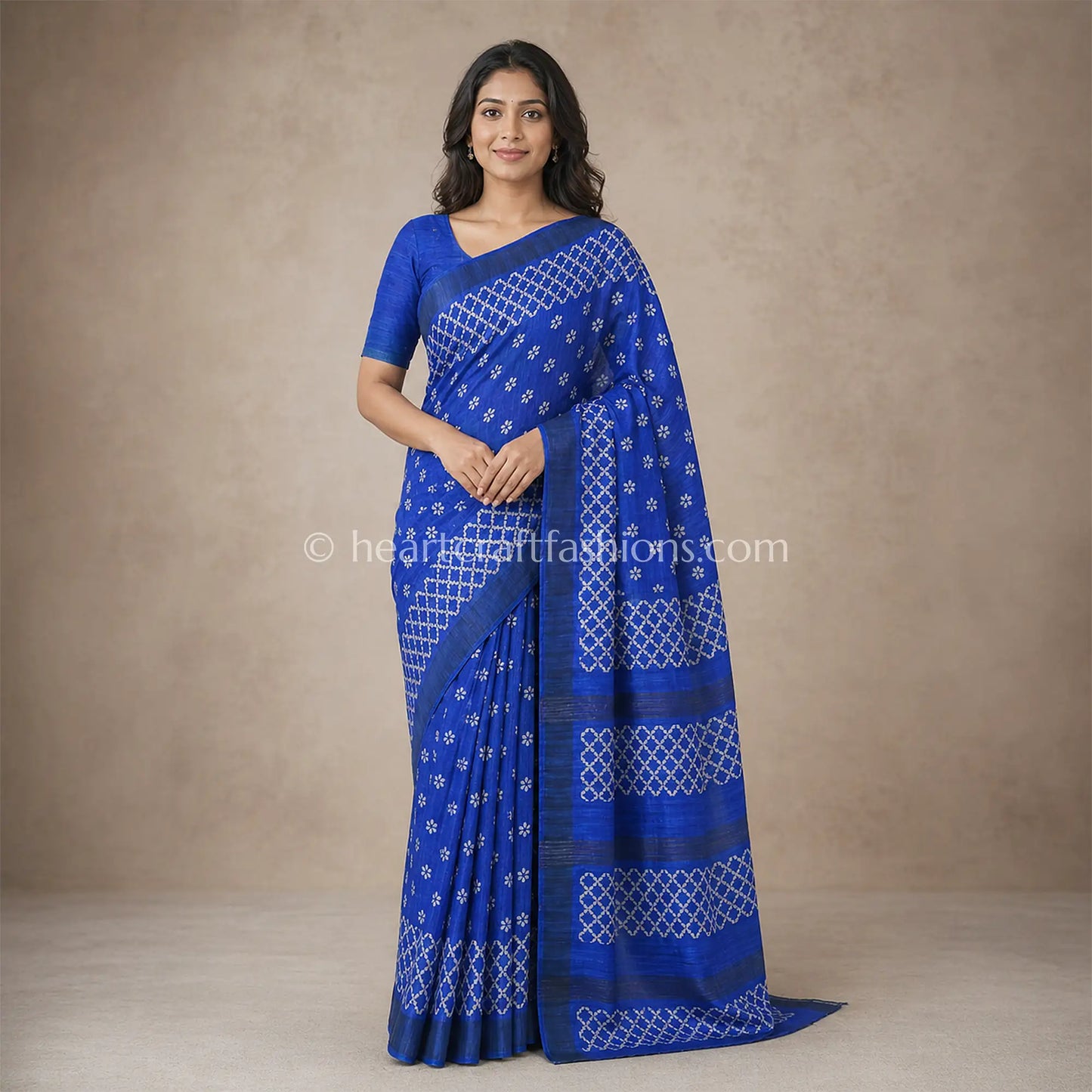 Desi Tusser Royal Blue Madhubani Geometric Motif Saree